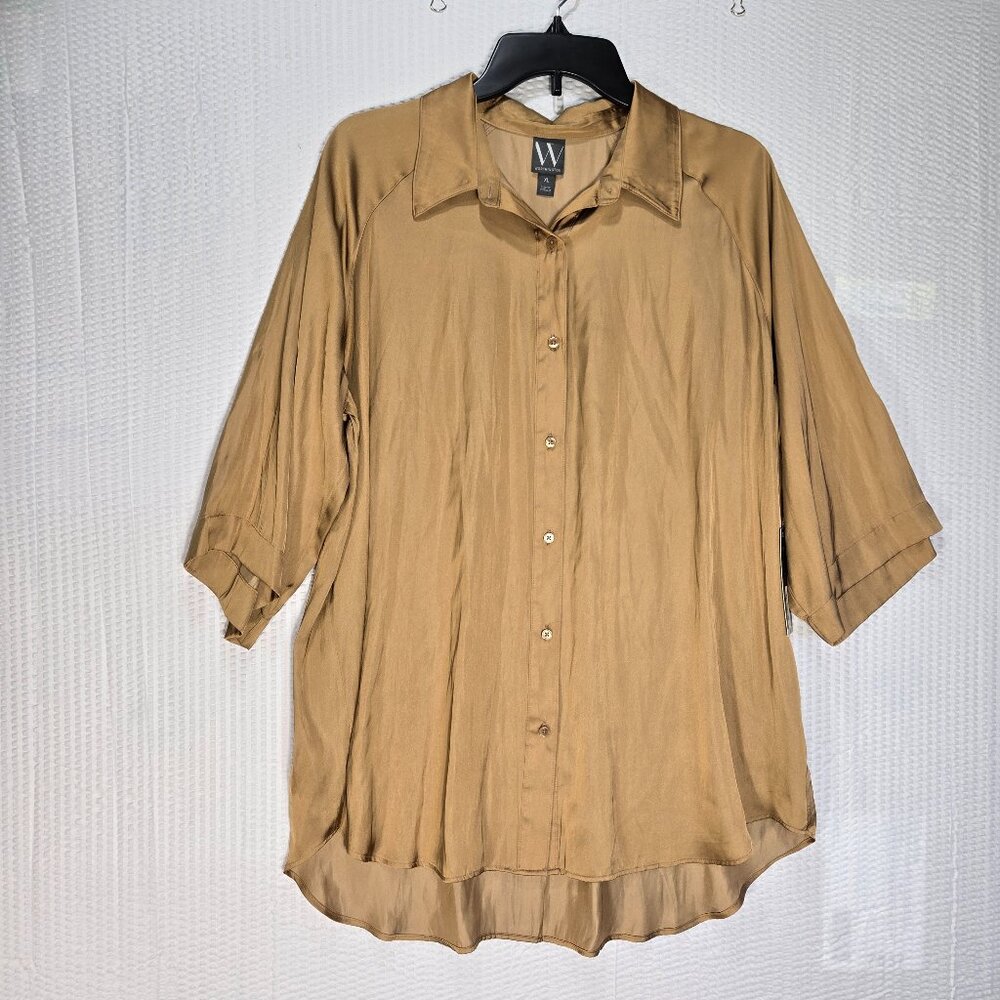 Worthington Women's Gold Button Up 3/4 Sleeve Blouse Satin Feel  NWT